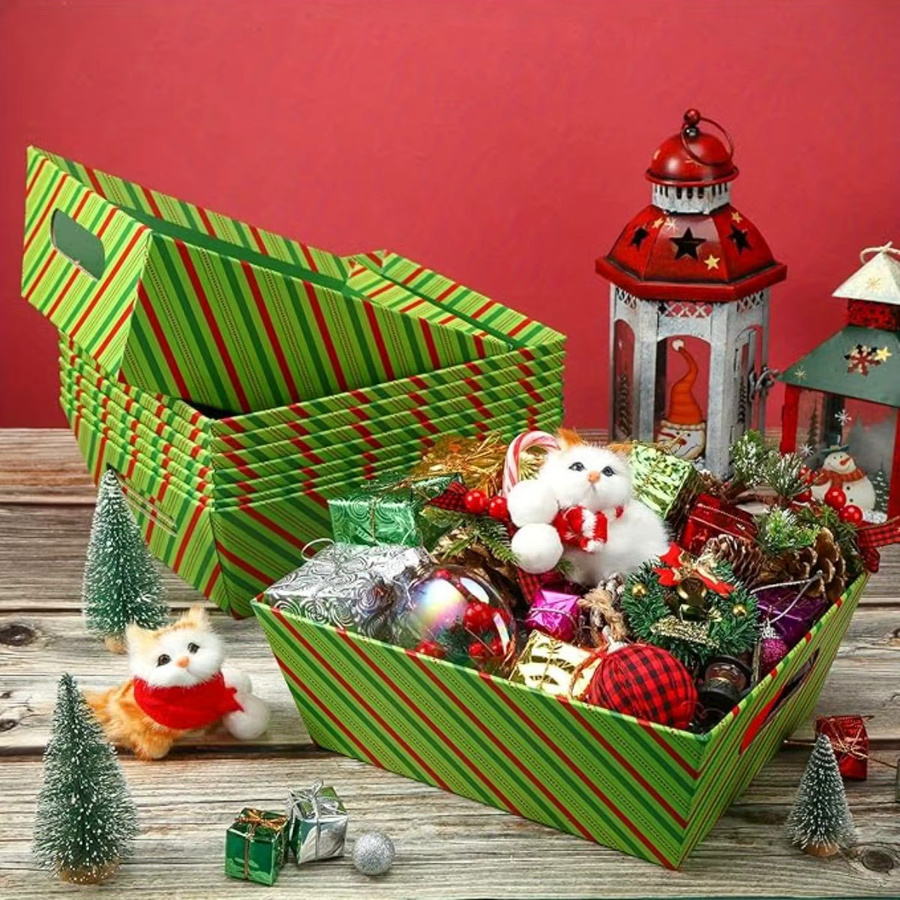 12 Stück Weihnachtsgeschenkboxen aus Pappe mit Deckel in Rot und Grün gestreift sowie mit Schneeflocken- und Rentier-Motiven - Bild 3