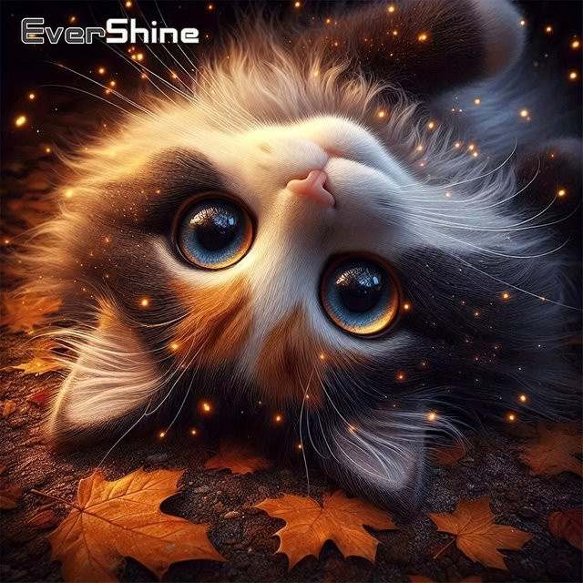 EverShine Diamant-Stickerei DIY Bild Katze und Ahornblatt, 5D Mosaik Strassmalerei, Multicolor, B/H: 20 x 20 cm - Bild 1