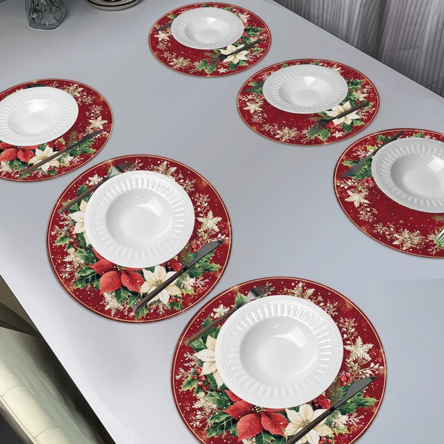 VIKAMA Weihnachtliche Tischsets mit Schneeflocken-Design, runde Platzsets in Rot, maschinenwaschbar, ideale Weihnachtsdekoration für deinen Esstisch - Bild 1