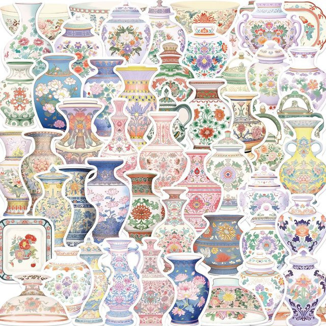 52 bis 104 Stück Cartoon Porzellan Vase Graffiti Aufkleber in Multicolour für DIY Dekoration von Gitarren, Notebooks und Gepäck, wasserfeste Aufkleber mit floralem und orientalischem Design - Bild 1