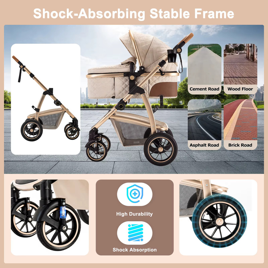 3-in-1 Reisekinderwagen mit höhenverstellbarem Griff und Moskitonetz aus Aluminium in Schwarz oder Beige - Bild 5