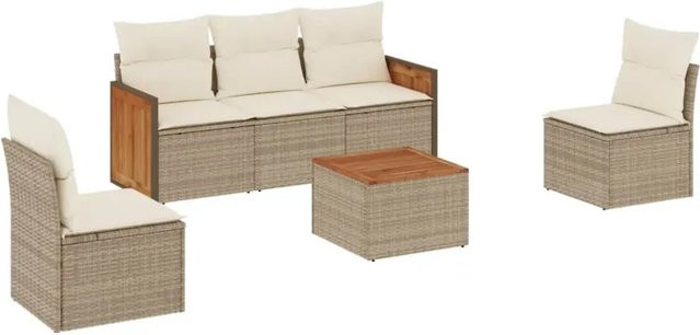 vidaXL 6-teilige Garten-Sofagarnitur aus Poly-Rattan und Akazienholz in Beige-Creme mit Kissen - Bild 1