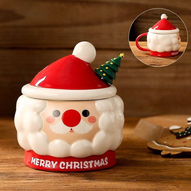 Handgezeichnete Weihnachtstasse mit Weihnachtsmann-Motiv, Keramiktasse mit Deckel und Löffel, Mehrfarbig, 400 ml - Bild 1