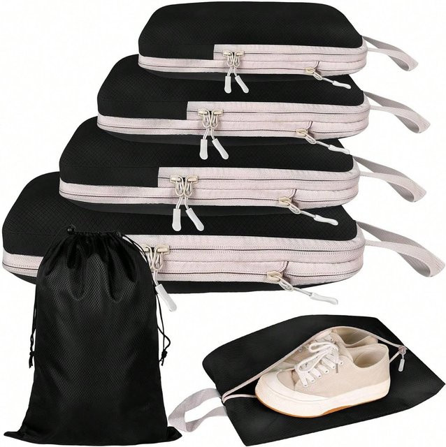 Love Home Garden Set aus 6 Stück komprimierbare Reise-Aufbewahrungstaschen aus wasserdichtem Nylon in Beige und Schwarz mit praktischen Handgriffen - Bild 1