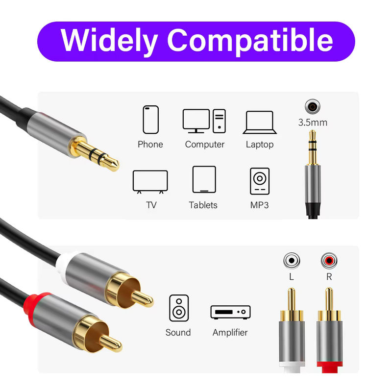 Nephy RCA Audio Kabel 3,5 mm Klinke auf 2 RCA Stecker Splitter AUX Kabel für TV, PC und Lautsprecher, Schwarz/Grau, Länge: 3 m - Bild 2