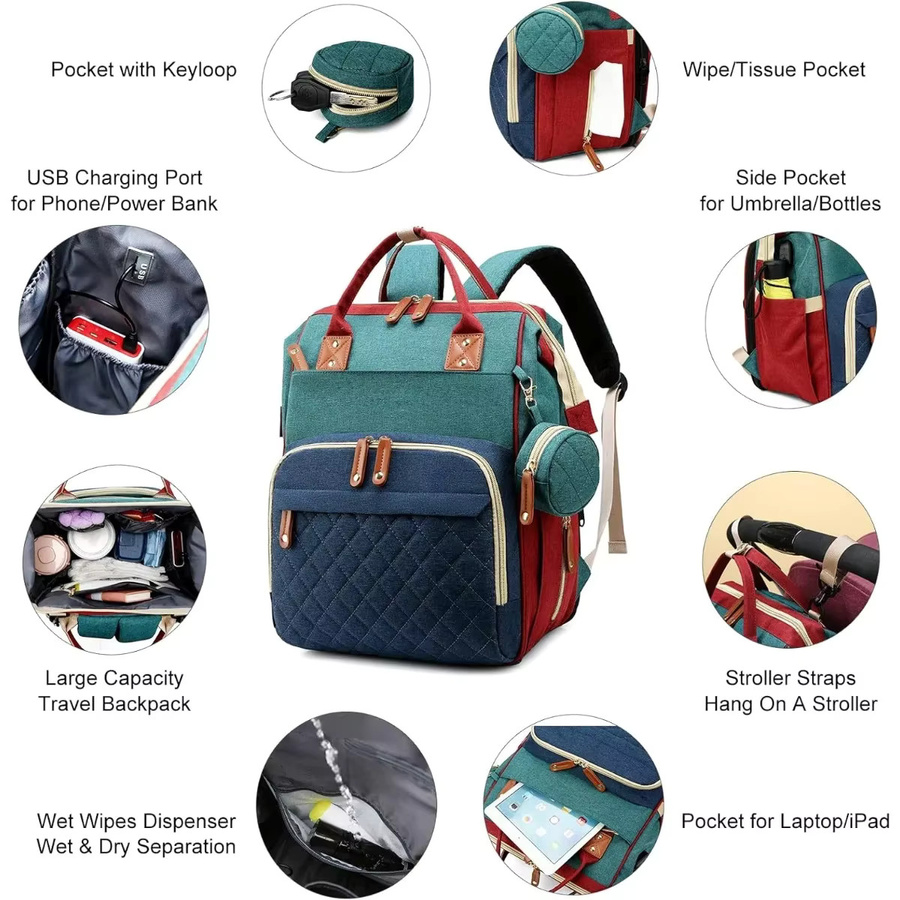 ZHUANGYUN 3-in-1 Wickeltasche mit faltbarer Wickelstation als Babywindelrucksack in Grün und Multicolour - Bild 3
