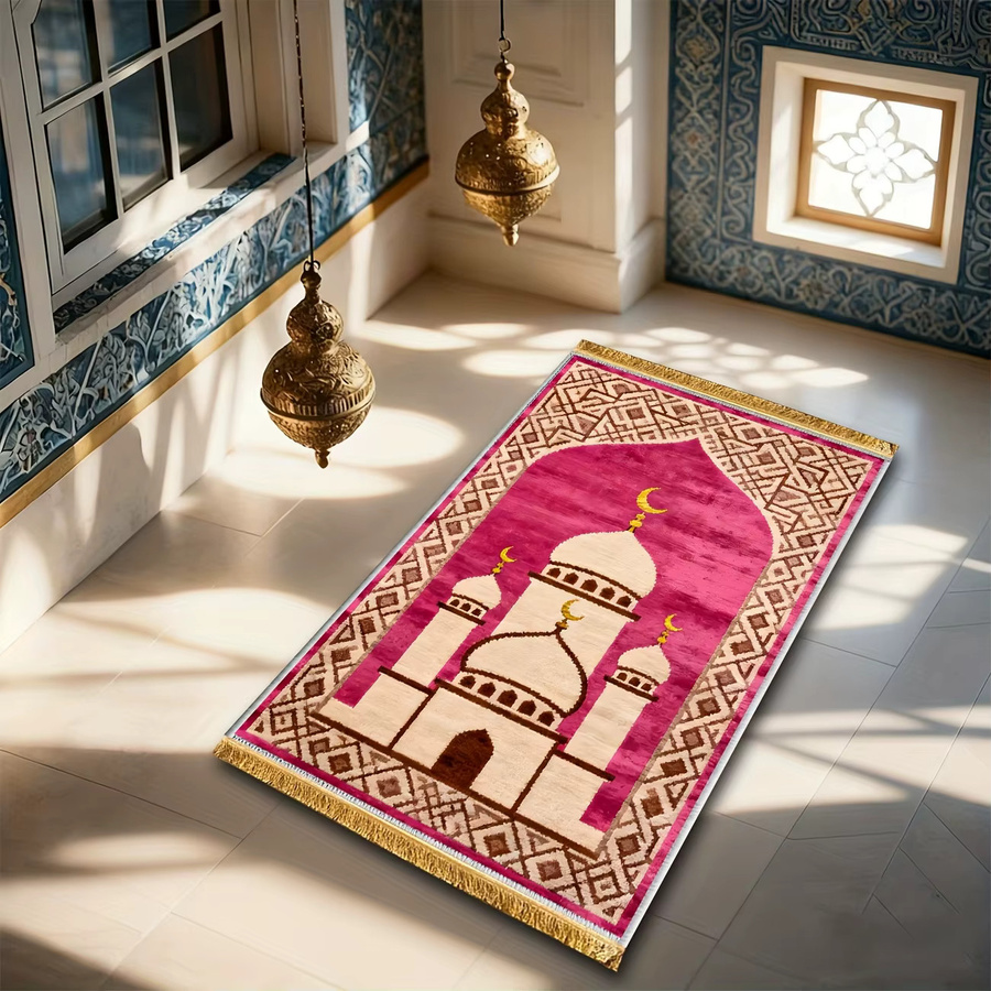VIKAMA Islamischer Gebetsteppich Rosa mit geometrischem Moschee-Mond-Design aus Polyester - Bild 4