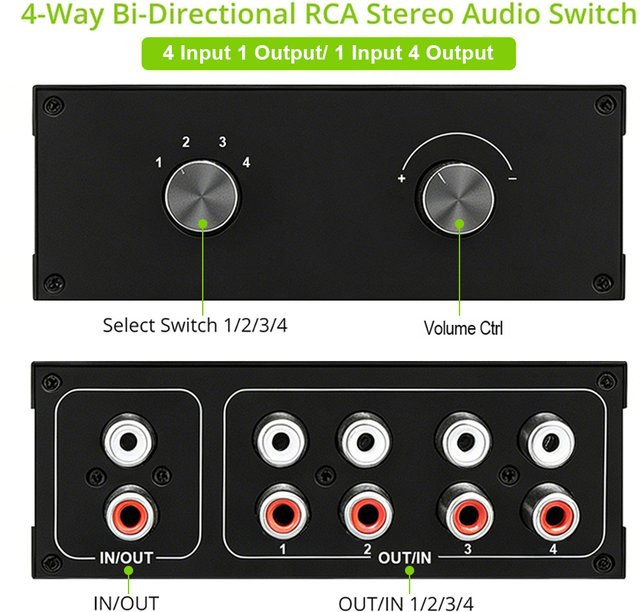 TITAK 4-Wege bidirektionaler RCA-Stereo-Audioschalter in Schwarz mit 1 Eingang und 4 Ausgängen oder 4 Eingängen und 1 Ausgang - Bild 1