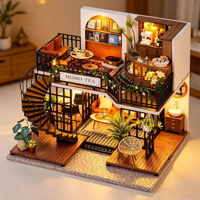 Zuuton MOMO TEA Café, DIY Holz Puppenhaus Bausatz, mit LED Licht, ab 14 Jahren - Bild 1