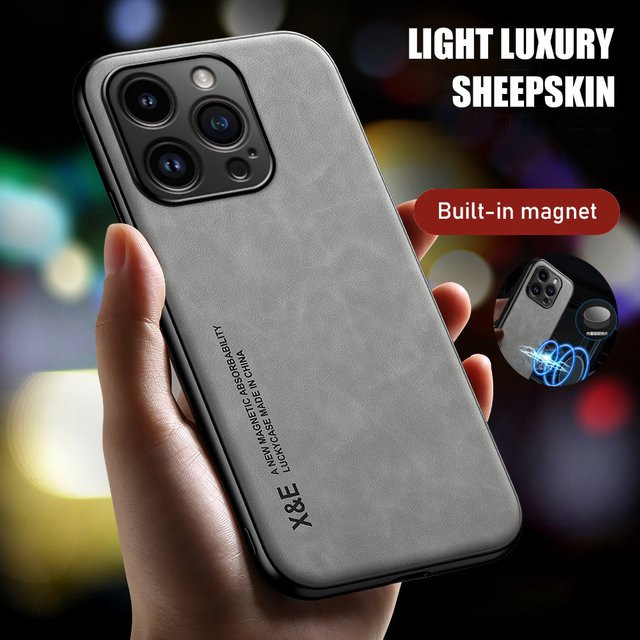 Luxuriöse Lederhülle für Apple iPhone kompatibel mit iPhone 17 Pro Max 16 15 14 13 12 11 Plus in Grau mit Metallplatte für Magnet-Autohalterungen - Bild 1