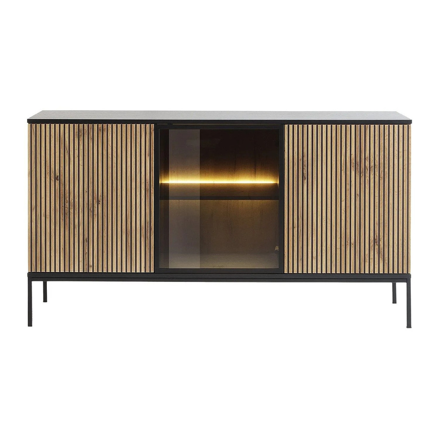 Sideboard Ovila Vente-unique in Schwarz und Naturfarben Hell mit integrierter Beleuchtung und Rauchglas, Breite: 153,4 cm - Bild 2