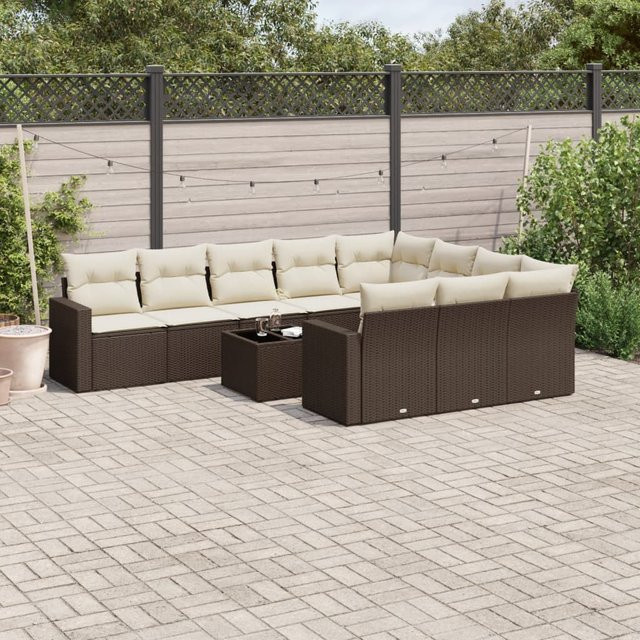 vidaXL 11-tlg. Garten-Sofagarnitur in L-Form aus Polyrattan mit Kissen, Braun - Bild 2