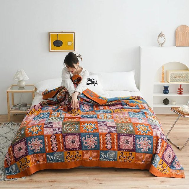 Nordische Boho-Freizeitdecke aus Baumwollgaze für Sommer und Übergangszeit, Mehrfarbig, B/B: 150 x 200 cm - Bild 1