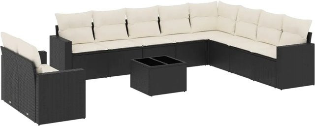 vidaXL 11-tlg Garten-Sofagarnitur aus Poly-Rattan mit Kissen, Schwarz - Bild 1