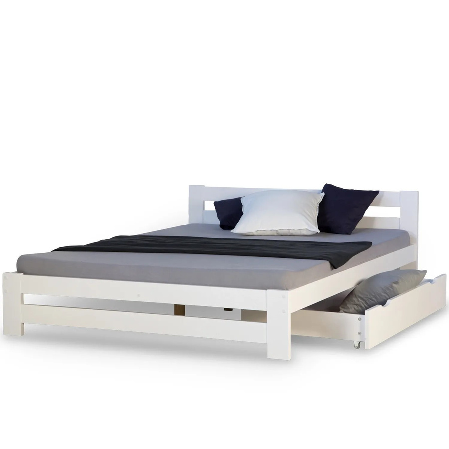 Homestyle4u Doppelbett aus Kiefernholz mit Kopfteil und Schubladen, Weiß lackiert, B/T/H: 144 x 204 x 140 cm - Bild 2