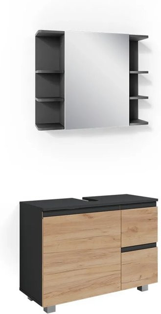 Vicco Badmöbelset J-Shape in Anthrazit und Eiche, modernes 2-teiliges Badezimmer-Set mit Spiegelschrank und Waschtischunterschrank - Bild 2