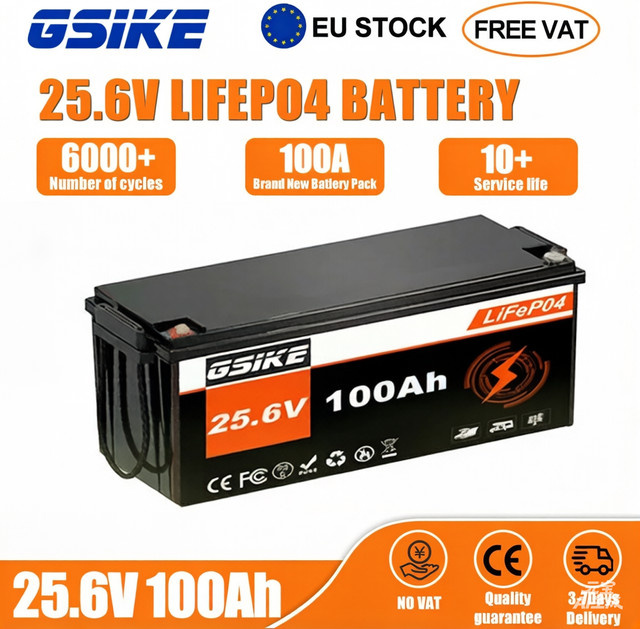 GSIKE LiFePO4 Batteriesatz 25,6V 100Ah mit integriertem BMS, IP65 wasserdichter Solarenergiespeicher in Schwarz - Bild 1