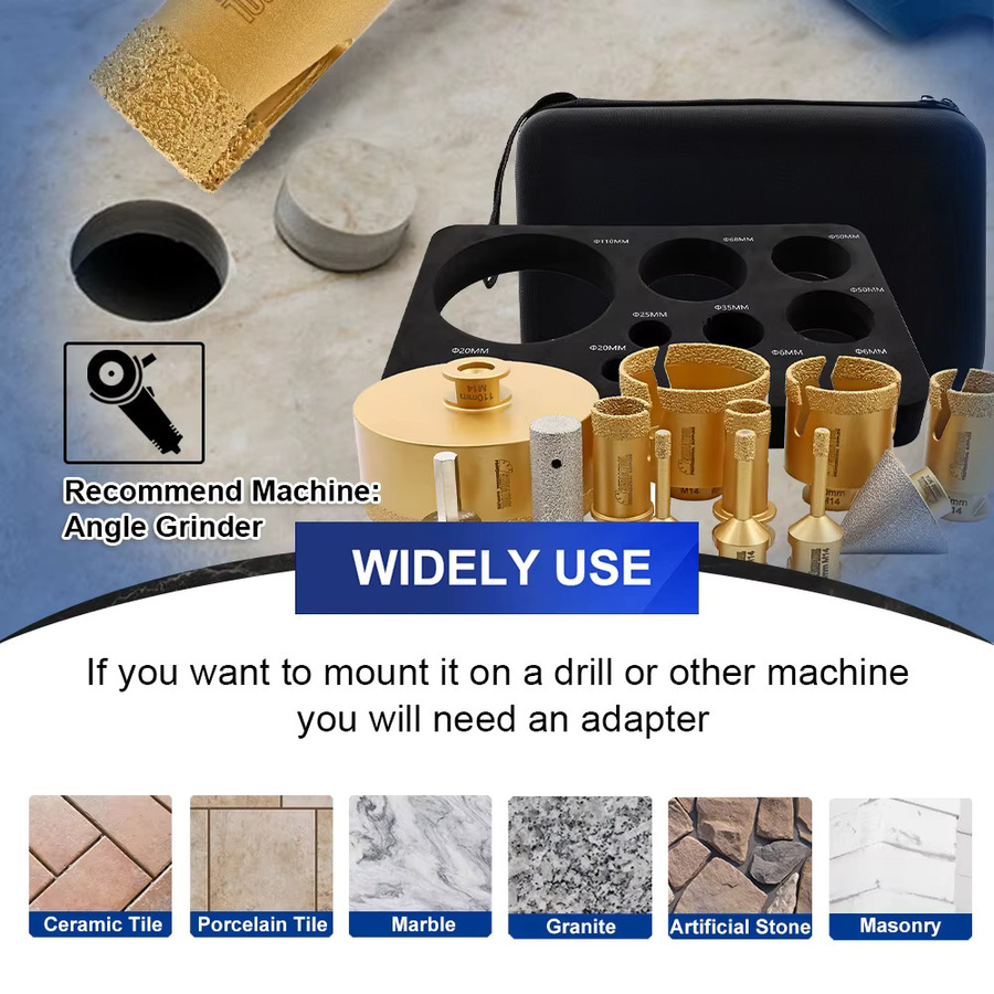 SHDIATOOL 13-teiliges Diamantbohrer-Set in Gold mit Lochsägen 6–110 mm, Fräser, Fase, Trennscheibe und Sechskant-Adapter für Fliesen - Bild 4