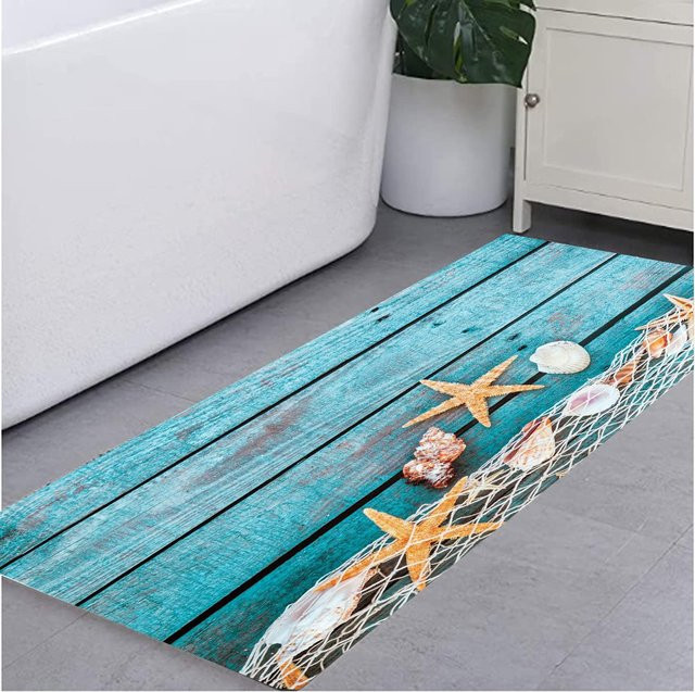 VIKAMA Teppich mit Seestern- und Muschelmuster in Türkis, rutschfeste Bodenmatte für Bad, Küche oder Flur, B/T: 120 x 40 cm - Bild 1