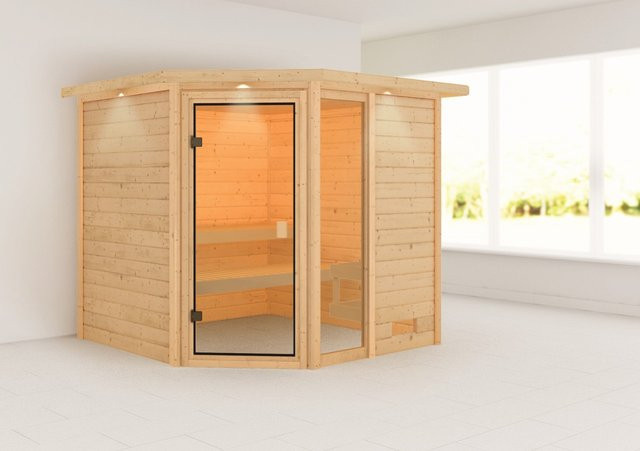 Karibu Massivholzsauna Tabea aus nordischer Fichte mit LED-Dachkranz in Natur/Braun, B/T/H: 196 x 196 x 191 cm - Bild 1
