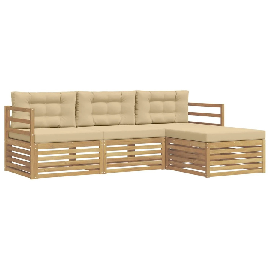 vidaXL Outdoor-Sofagarnitur L-Form aus Akazienholz mit Kissen und Ottoman, Weiß und Beige - Bild 2