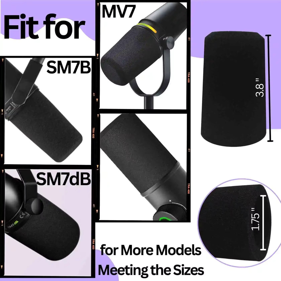 SM7 Mikrofonabdeckung Pop-Filter für Shure SM7B und SM7dB, hochdichter Schaumstoff-Windschutz mit violettem Leuchtring, Schwarz-Violett - Bild 3