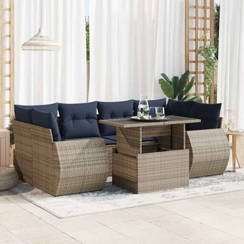 7-teilige Garten-Sofagarnitur aus Poly-Rattan und Akazienholz in Grau mit Kissen von vidaxl - Bild 1