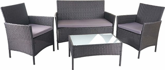 MCW Poly-Rattan Garten-Garnitur Lounge-Set in Schwarz mit anthrazitfarbenen Kissen - Bild 1
