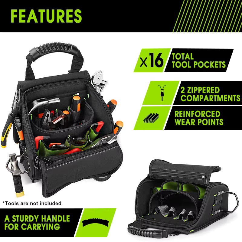 JAKAH Professionelle Elektriker-Werkzeugtasche JK-208 mit Mehrfach-Taschen, ergonomischem Gummigriff und gepolstertem Schultergurt, Schwarz Grün - Bild 2
