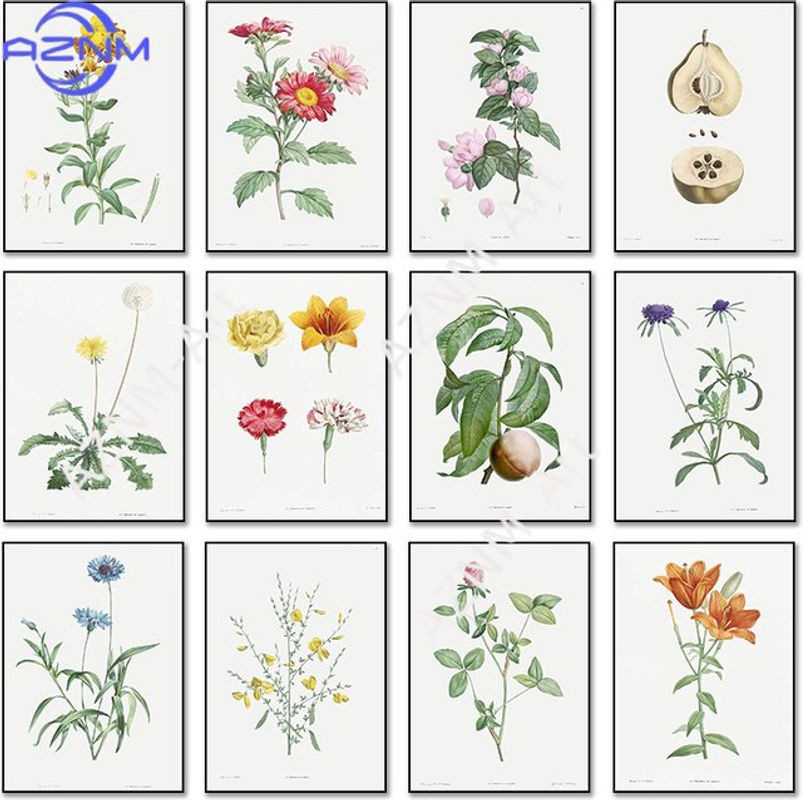 AZNM Vintage Blumenillustration Wandkunst als Leinwandgemälde in Weiß im Hochformat - Bild 1