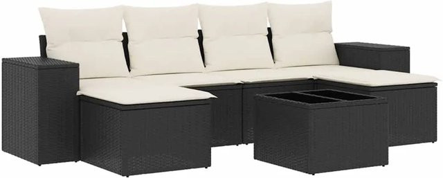 vidaXL 7-teilige Garten-Sofagarnitur in L-Form aus Polyrattan und pulverbeschichtetem Stahl, Schwarz-creme mit UV-beständigen Kissen - Bild 1