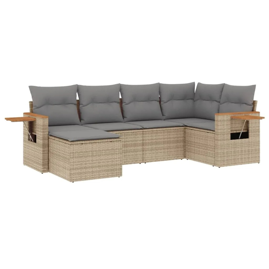vidaXL 6-teilige Garten-Sofagarnitur in L-Form aus Poly-Rattan und Akazienholz mit Kissen, Beige-grau - Bild 2