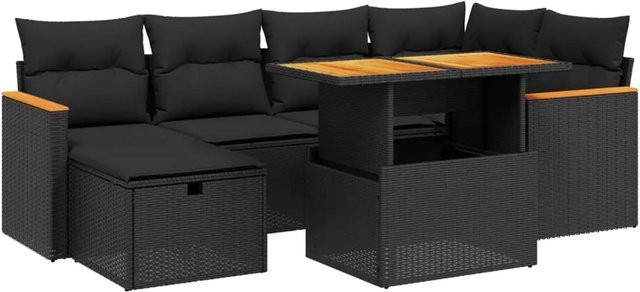 vidaXL 7-teilige Garten-Sofagarnitur aus Poly-Rattan und Akazienholz in Schwarz mit Kissen - Bild 1