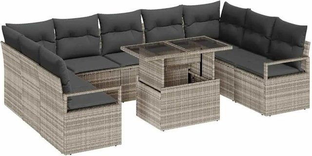 vidaXL Garten-Sofa-Set aus Poly-Rattan in Hellgrau, 10-teiliges Lounge-Set mit Kissen in U-Form - Bild 1