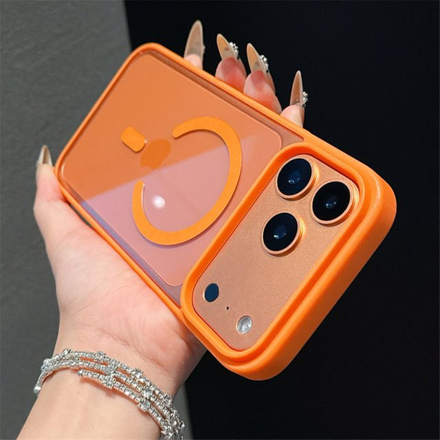 MagSafe Magnetische Wireless Charging Schutzhülle aus klarem Acryl für iPhone 17 Air 16E 15 14 13 12 11 Pro Max Plus stoßfeste Hartschale in Transparent und Orange - Bild 1