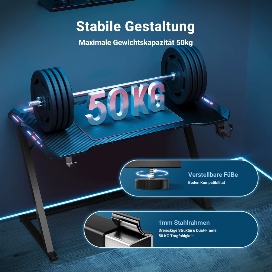 Claiks Gaming-Schreibtisch mit LED-Beleuchtung in Schwarz, moderner Z-Rahmen aus Metall mit Getränkehalter und Kopfhörerhaken - Bild 2