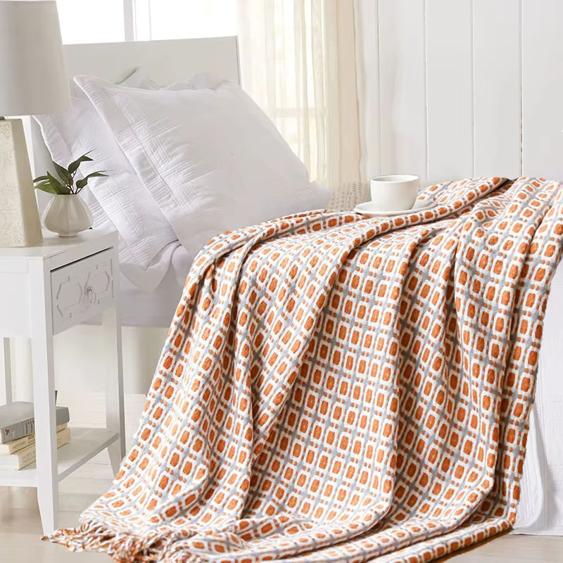 Inyahome Klassische Hahnentritt Plaid Decke mit Quasten, Gestrickte Kuscheldecke in Grau und Orange - Bild 5