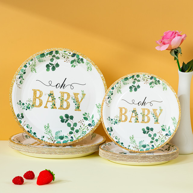 Einweg-Pappteller Oh Baby für Babypartys, weiß mit grünem und goldenem Rand, Durchmesser: 17,78 cm - Bild 1