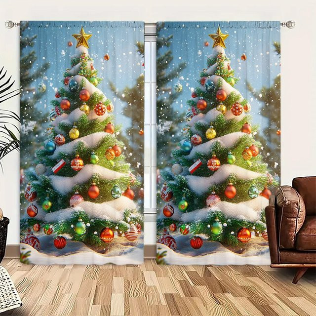 2-teiliges Set Weihnachts-Vorhang mit Weihnachtsbaum- und Schnee-Aufdruck in Schwarz, Breite: 52,5 cm, Höhe: 116 cm - Bild 1