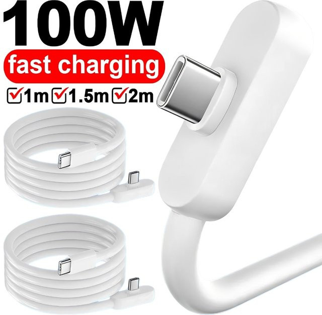 Superschnelles Dual Typ-C Ladekabel 100W 6A mit 90 Grad Winkel in Weiß für iPhone, Samsung, Xiaomi und Huawei - Bild 1