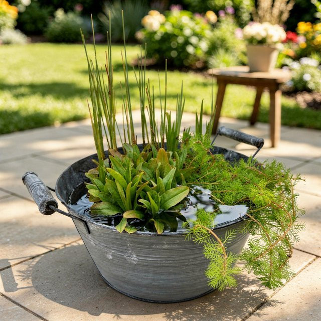Miniteich aus Zinkwanne von Mein schöner Garten Shop mit 4 Wasserpflanzen und Pflanzkorb, silber/bunt - Bild 1