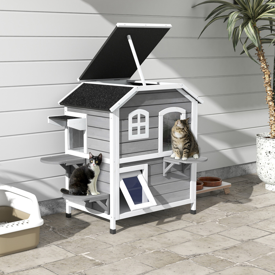 PawHut Katzenhaus aus Holz in Grau mit wetterfestem Dach und Sprungplattformen, B/T/H: 78 x 55,5 x 91 cm - Bild 2