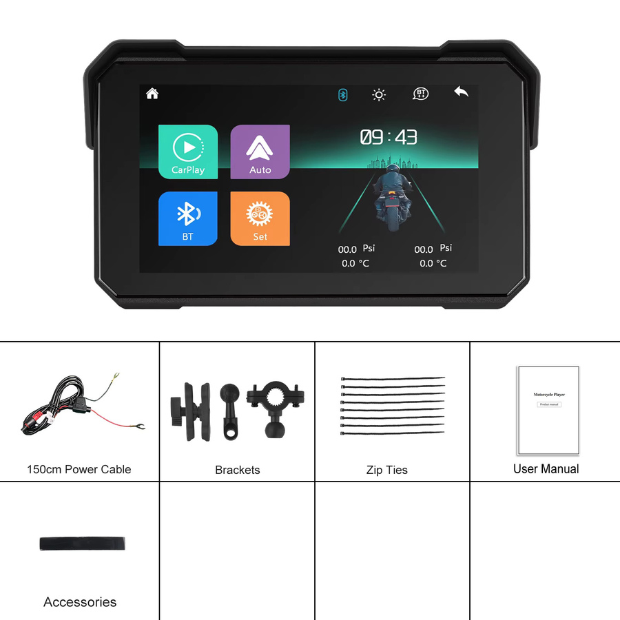 Podofo 5 Zoll IPS-Bildschirm mit Carplay und Android Auto, Motorrad-Monitor mit Reifendrucküberwachung, IP68 wasserdicht und Bluetooth, Schwarz - Bild 5