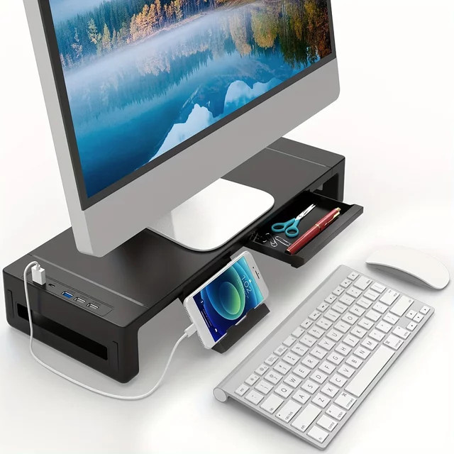 Höhenverstellbarer Monitorständer in Schwarz mit Aufbewahrungsschublade und Tablet-Telefon-Halterung - Bild 1