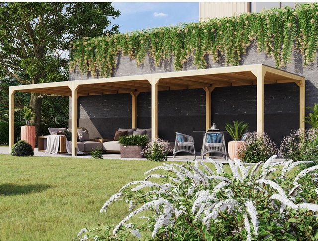 Karibu Pavillon Set Fyrkant Naturbelassen mit Flachdach und zwei Verlängerungen in Braun B/T/H: 934 x 320 x 236 cm - Bild 1