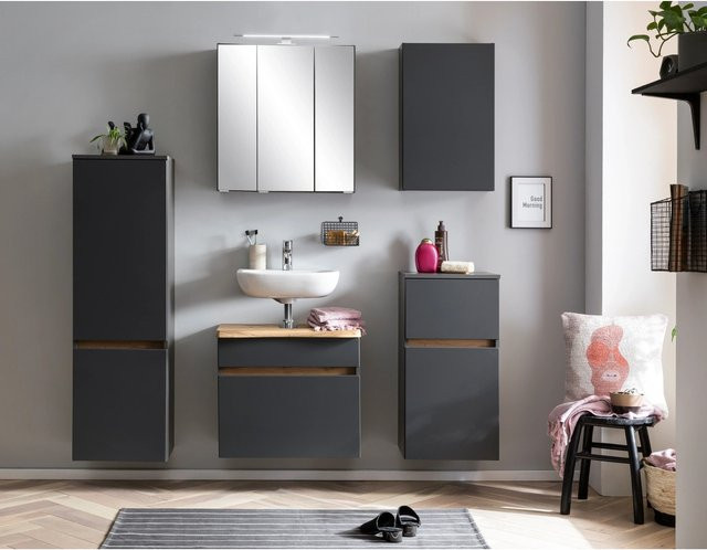 Held Möbel Badezimmer-Unterbecken-Set Trient 2-tlg. mit Unterbeenschrank und Spiegelschrank, matt Grau-Wotaneiche, Breite: 60 cm - Bild 1