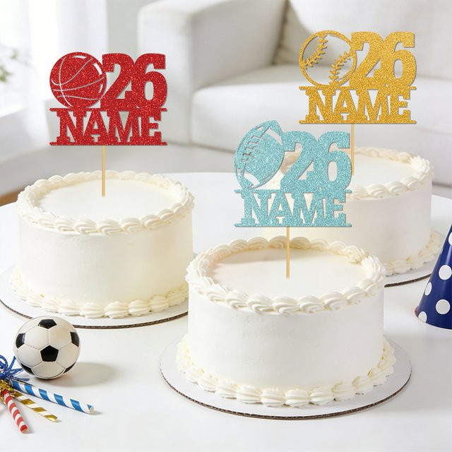 Personalisierter Kuchenaufsatz mit Glitzer-Design in Fußball- und Basketball-Optik, individuell mit Name und Alter für deine Geburtstagsparty, Mehrfarbig - Bild 1
