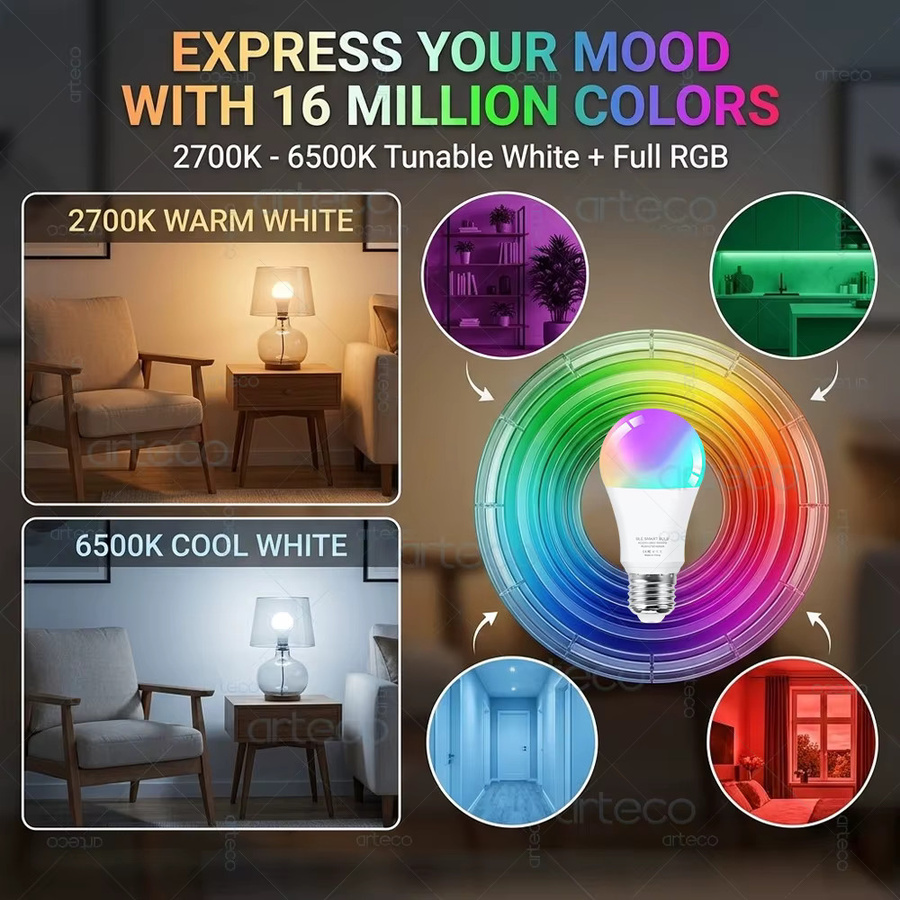 Tuya Smart LED-Glühbirne E27 RGBCW dimmbar mit WiFi Bluetooth Zigbee Kompatibel mit Alexa und Google Assistant - Bild 2
