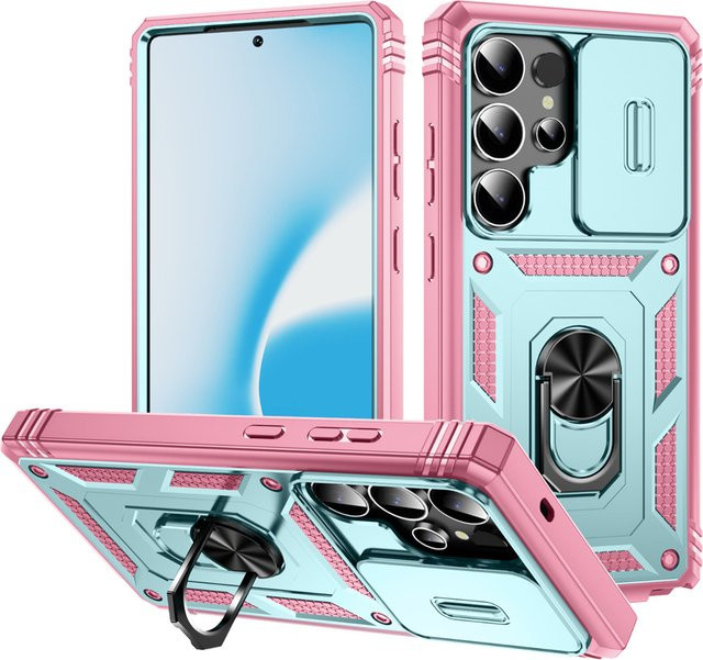 Samsung Handyhülle mit 360-Grad-Ring-Halter und Schiebe-Kameraschutz für Galaxy S26 S25 S24 S23 S22 S21 S20 Plus FE Note 20 Ultra in Schwarz, Weiß oder Rosa - Bild 1