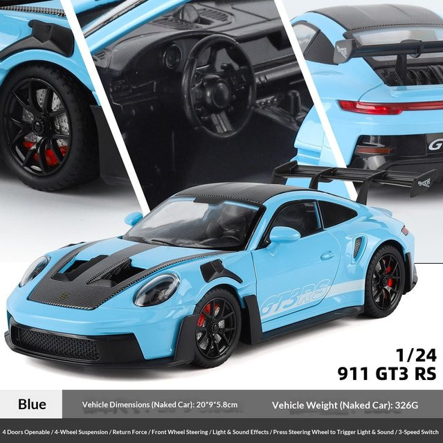 Linyi toy car GT3RS Sportwagenmodell, Metall, 1:24, mit Licht und Sound, ab 6 Jahren - Bild 1